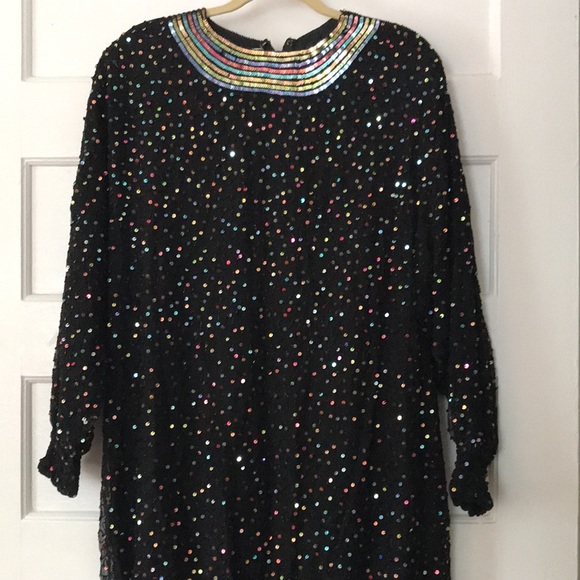 Vintage Saks Fifth Avenue Dress Sequins Rainbow Black Beaded Ruched Mini - Picture 4 of 14